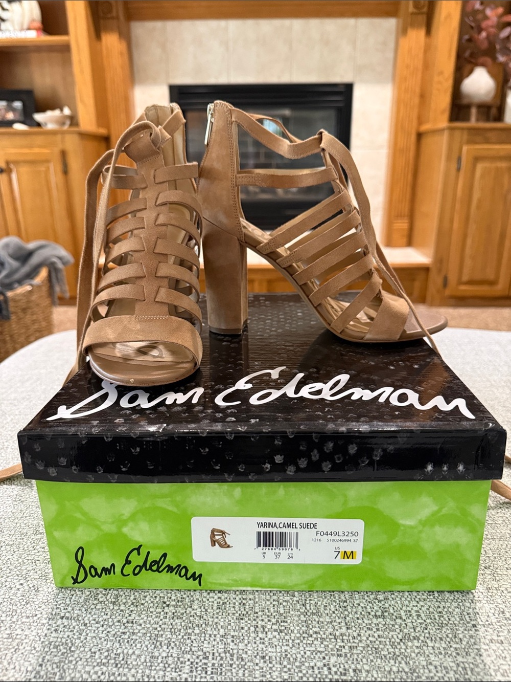 Sam Edelman Strappy Lace-Up Block Heel Sandal in Camel